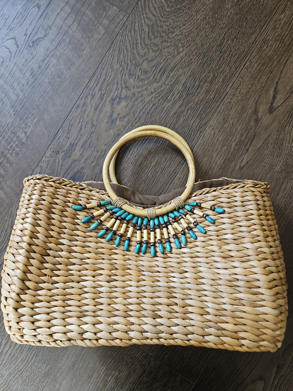 Source Unknown Natural Straw Tote with Turquoise Bead Fringe